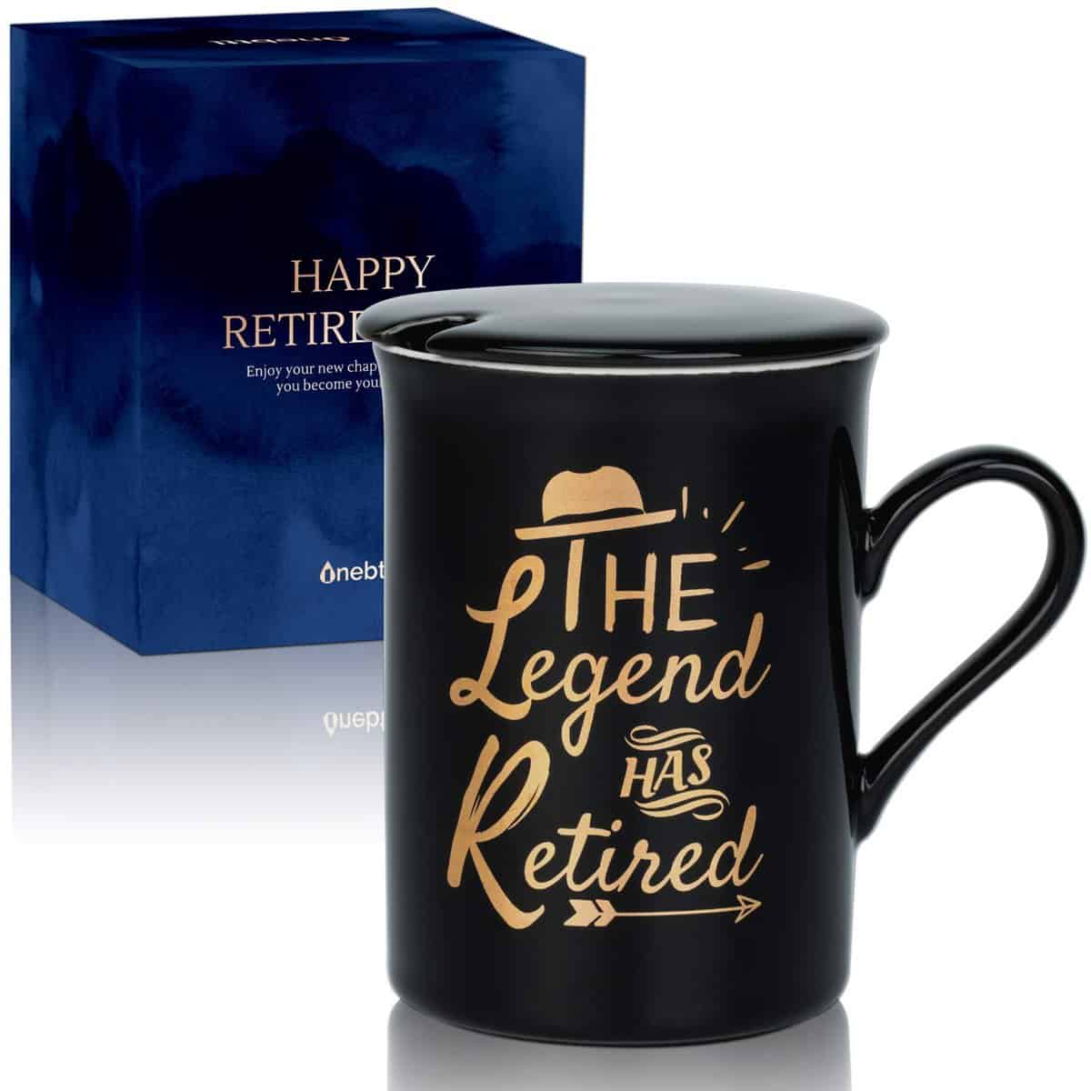 Onebttl Retirement Gifts for Men & Women, Retirement Coffee Mug with Lid 300ml(10 oz)- Retired Mug for Dad, Mom, Police, Teacher, Boss, Coworkers, Retired Gag Gifts (Black, The Legend Has Retired)