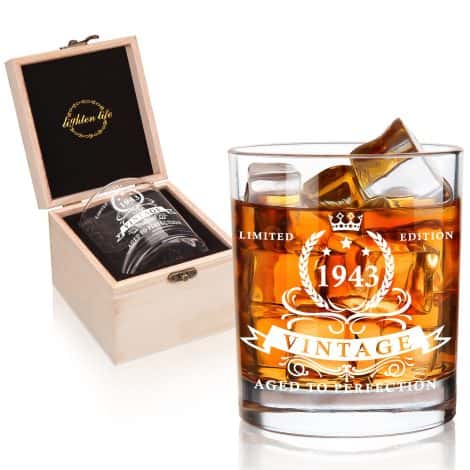 80th Birthday Gifts for Men: 360ml LIGHTEN LIFE Whisky Glass in a Wooden Box, Ideal Gift for 80-Year-Old Father, Husband, Friend.