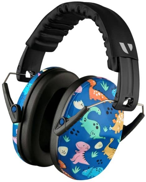 Children’s ear defenders that cancel out noise, block sounds, and provide ear protection for kids aged 3-16 (Dinosaur Club).