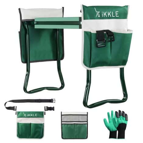 Garden Kneeler and Chair, Gardening Stool with Handle, Foldable Bench with Kneeling Pad, Tool Pouches, Gloves | Elderly or Women’s Gardening Present.