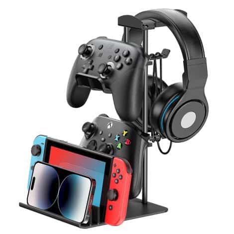 KDD Headset Stand, Gamepad Holder & Headphone Stand for Desktop, Earphone Stand with Aluminium Support Bar, Versatile Storage Organizer for Headphones/Game Controllers/Portable Devices.