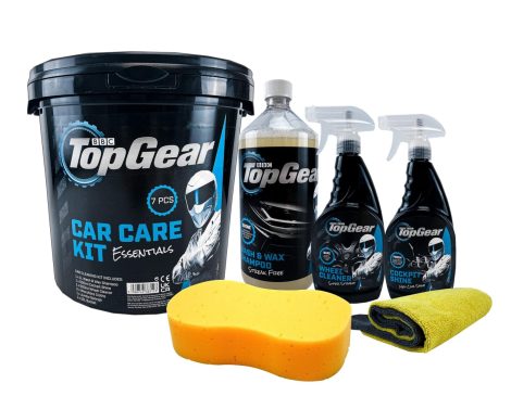 Top Gear – 7 Piece Car Cleaning Kit – Complete with 10L Bucket, Shampoo, Wheel Cleaner, Shine, Sponge, and Cloths