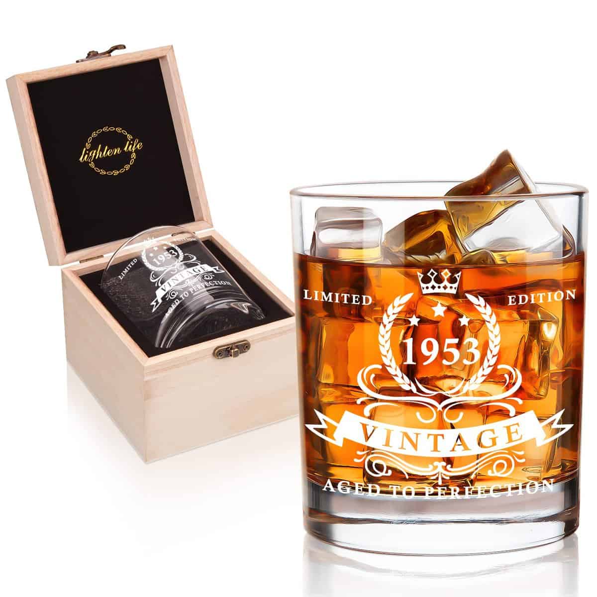 LIGHTEN LIFE 70th Birthday Gifts for Men 360ml,1953 Whiskey Glass in Valued Wooden Box,Whiskey Bourbon Glass for 70 Years Old Dad,Husband,70th Birthday Gift Ideas for Men