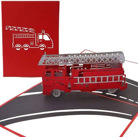 3D fire engine-themed card with a pop-up design, suitable for Father’s Day, anniversaries, birthdays, retirement or as a gift for firemen. Ideal for dads, sons, fathers, grandfathers and grandsons.