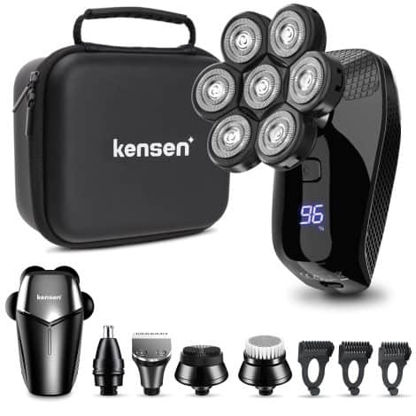 Men’s head shaver kit with a built-in razor, trimmer, and LED display, waterproof and rechargeable with a travel case.