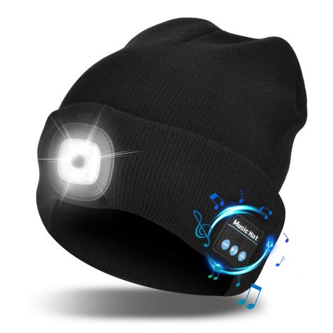 Black Etsfmoa Unisex Bluetooth Beanie Hat Light, with wireless headphones and USB rechargeable LED lights. Ideal gift for anyone.