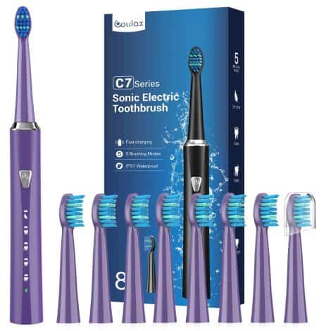 Electric toothbrush for adults and children with 8 brush heads, 120-day battery life, fast charging, 5 modes, and timer. Ideal family gift.