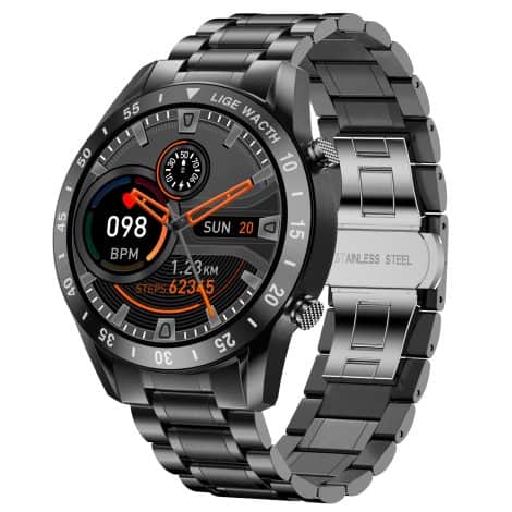 LIGE Men’s Smart Watch is a waterproof fitness tracker with Bluetooth, blood pressure monitoring, and sleep tracking.