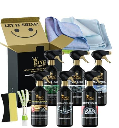 King of Sheen Waterless 11 Piece Car Cleaning Kit, the ultimate solution to achieve a professional showroom finish. Perfect gift for car enthusiasts.