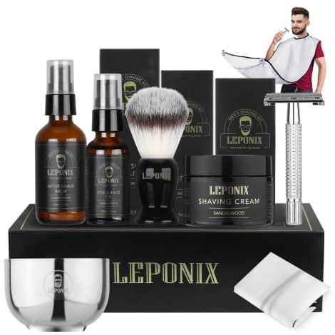 Men’s Shaving Bundle  Consists of Sandalwood Shaving Cream, Aftershave Balm, Pre-Shave Oil, Shaving Brush, Bowl, Beard Cover, and Gift Set for Men.