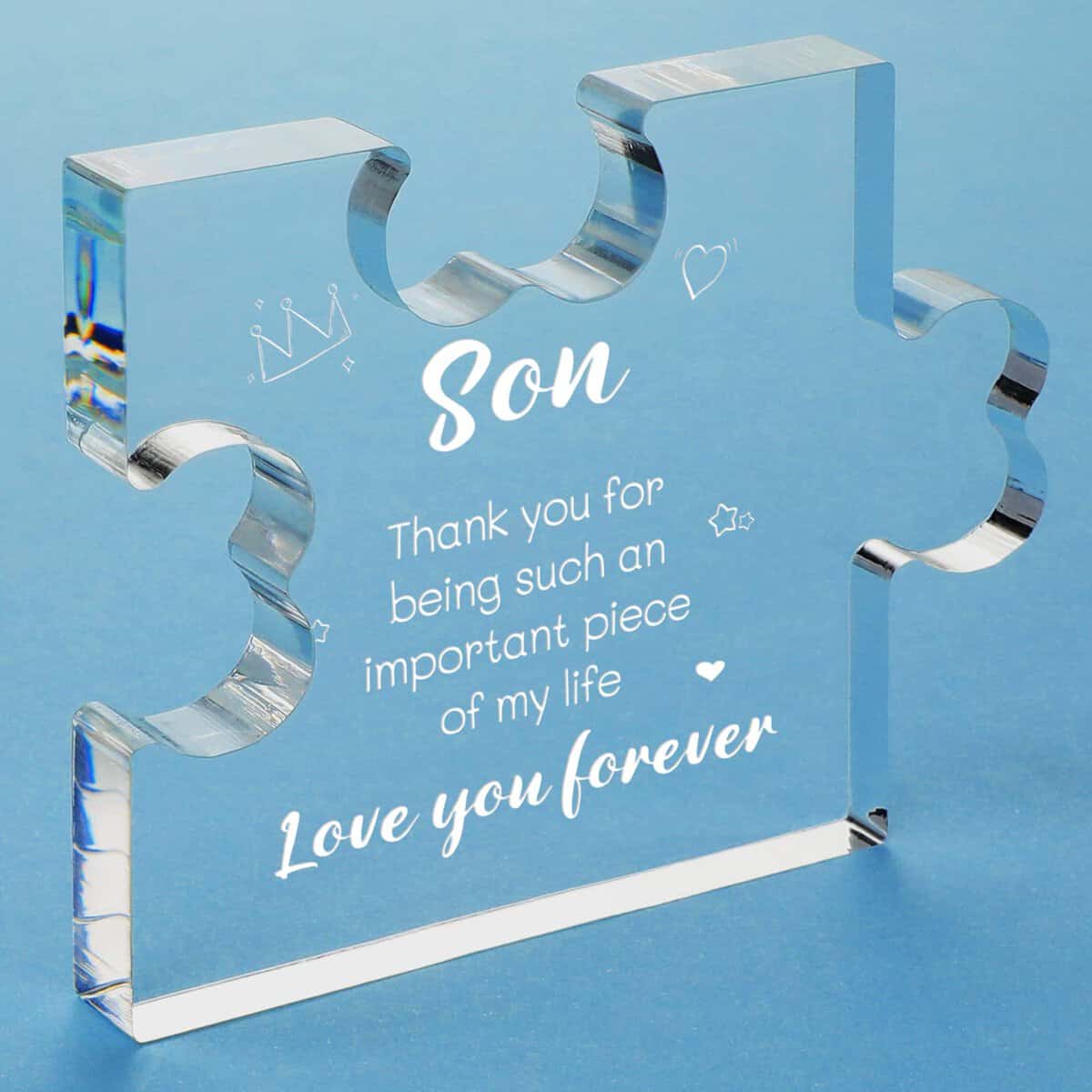 Funnli Son Gifts, Engraved Acrylic Block Puzzle Gifts for Boys from Mum, 3.35 x 2.76 Inch Table Decoration Gifts for Son, Christmas, Anniversary, Graduation, Birthday Gifts for Son from Mum/Dad