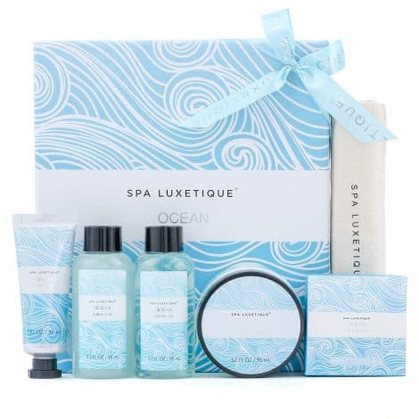 Spa Luxetique Spa Gift Set, Indulgence Gifts for ladies, Ocean 6pcs Travel Gift Box with Shower Gel, Hand Cream, Bubble Bath, Body Lotion, Soap Bath Gifts Set for Women and Men. Perfect for Birthday or Christmas.