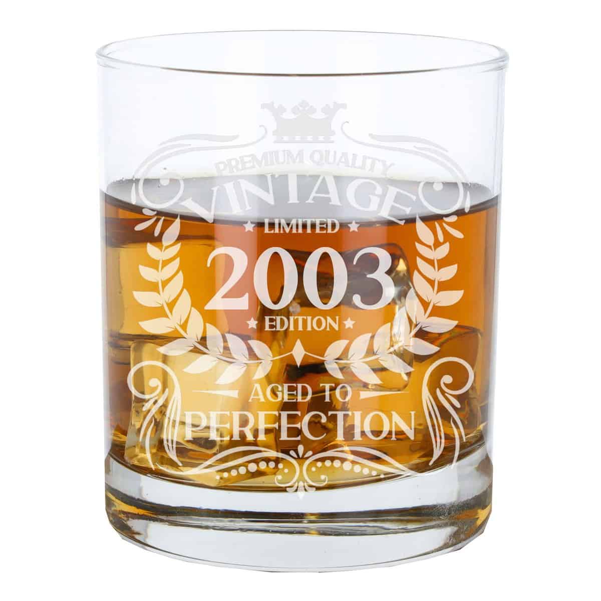 Always Looking Good 20th Birthday Gift for Men Vintage 2003 Aged to Perfection Engraved Whiskey Glass Present for 20 Year Old Etched Whisky Bourbon Scotch Lowball Tumbler Glasses