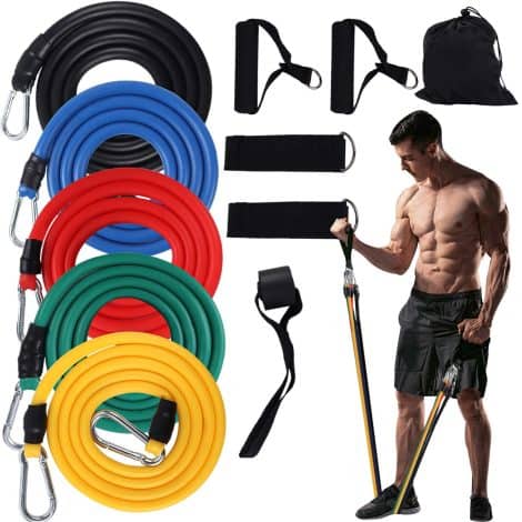 RECUTMS Resistance Bands Set, Exercise Band, Resistance Band with handles for men and women. 11pc fitness equipment for home workouts. Can be stacked up to 100 lbs. Includes 5 fitness tubes for yoga, pilates, and physiotherapy.