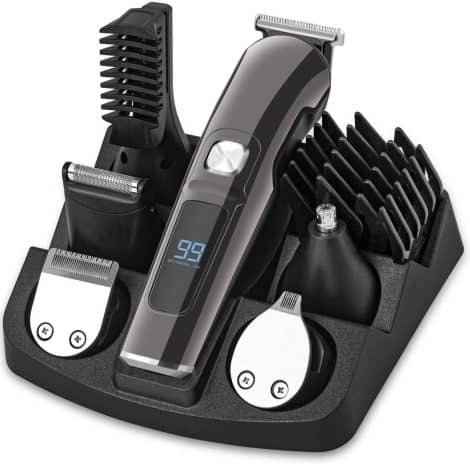 Beard trimmer with 11 functions, including hair and body trimming, nose trimming, and facial grooming. Water-resistant electric clipper for men.