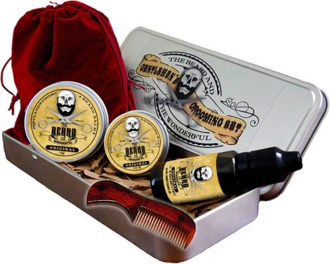 Mens Grooming Set in a Metal Container – Complete Facial Hair Care Kit with Moustache Wax, Oil, Balm, Comb, and Scissors. Perfect Dad Gift for Facial Hair Growth.