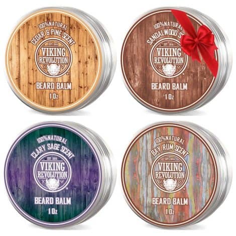 Viking Revolution Men’s Variety Pack of Beard Balm (4x28g) – Sandalwood, Pine & Cedar, Bay Rum, Clary Sage; Shapes, Fortifies & Conditions Beards.