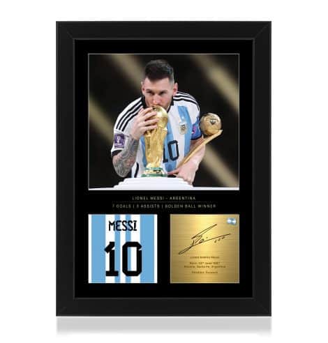 Lionel Messi Commemorative World Cup 2022 A4 Framed Photo Display – Reproduction of Digital Autograph – Ideal for Soccer Enthusiasts