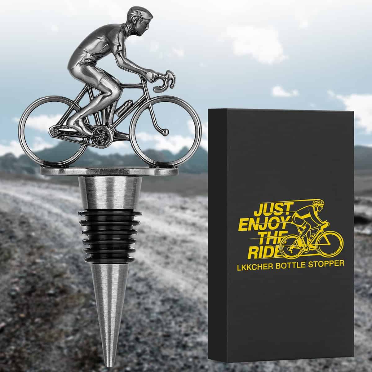 LKKCHER Cycling Wine Stopper, Bicycle Wine Gifts Father Day Gifts Christmas Gifts Birthday Gifts for Men Cyclist, Bottle Stoppers for Wine Champagne, Dark Silver with Gift Box