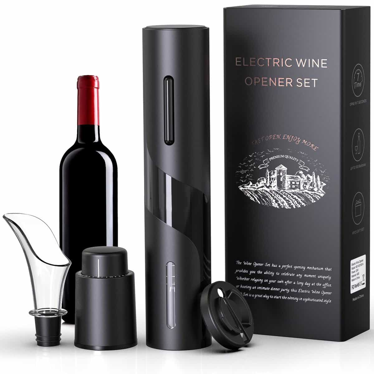 Quntis Electric Wine Bottle Opener with Foil Cutter, Automatic Battery Powered Bottle Corkscrew Opener with LED Light, Cabon Steel with Teflon Housewarming Christmas Thanksgiving Wine Lover Gift Set