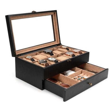 Emfogoo Watch Box – Black 10-Slot Watch Case for Men and Women, 2-Tier Wooden Watch Organizer Display, Ideal for Boyfriend or Fathers Day Birthday Gifts.