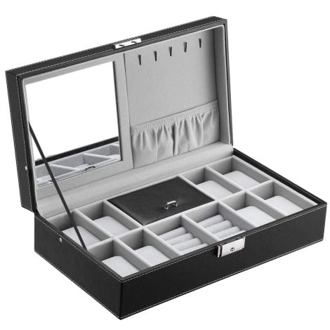 SONGMICS 8-Watch and Jewellery Storage Box with Mirror and Cufflink Box for elegant watch and accessory storage.