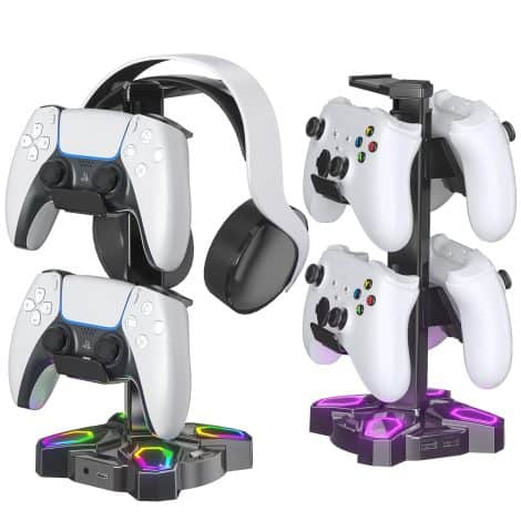 KDD Gaming RGB Headphones Stand is a sleek and versatile accessory for desktop gamers, featuring various lighting modes, USB charging ports, and an earphone hanger.