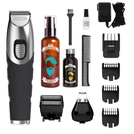 Wahl 8-in-1 Multigroomer Trimmer Kit for Men, includes beard and body trimmer, grooming attachments, and beard care products.