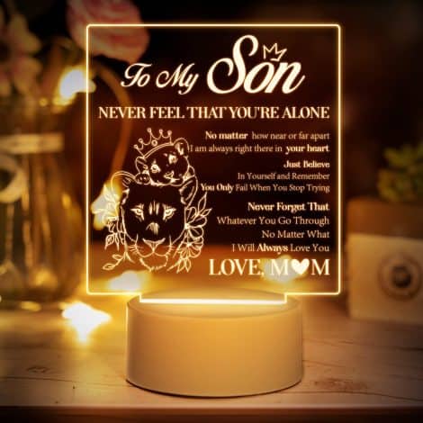 “Mum’s Son Gifts” – Engraved Night Light with Heartfelt Words. Perfect Birthday, Valentines or Graduation Gift from Mum, emitting Warm White Light.