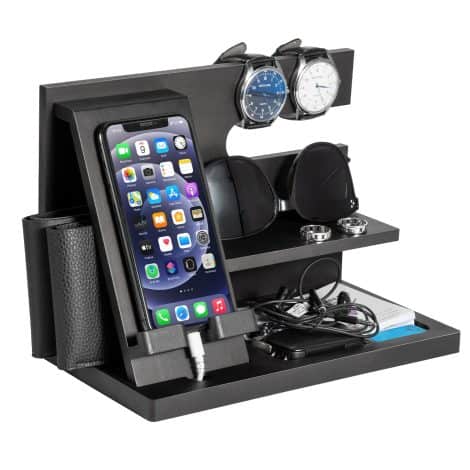 Wooden Phone Docking Station with Key Holder, Wallet Stand, and Bedside Organizer – Ideal presents for men.