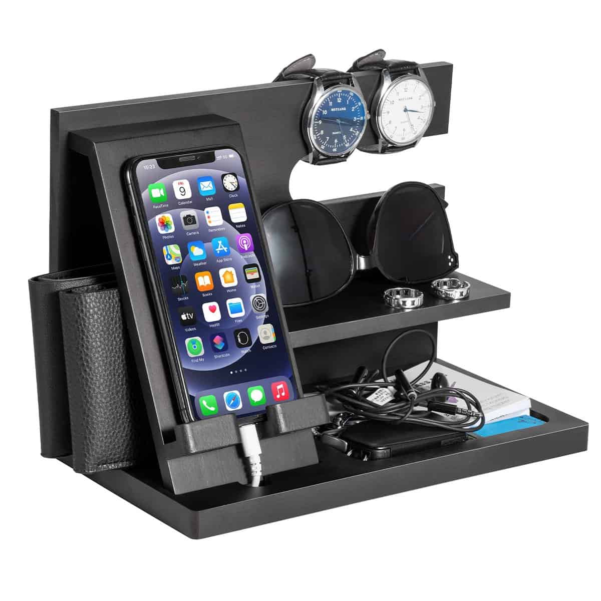 Gifts for Men Wood Phone Docking Station Key Holder Wallet Stand Anniversary Birthday Gifts for Him Xmas Presents for Husband Boyfriend Mens Gifts for Dad Bedside Organiser for Him