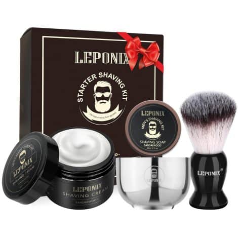 Men’s Shaving Set with Aftershave – a comprehensive grooming package featuring soap, brush, cream, and bowl. Ideal for partners.