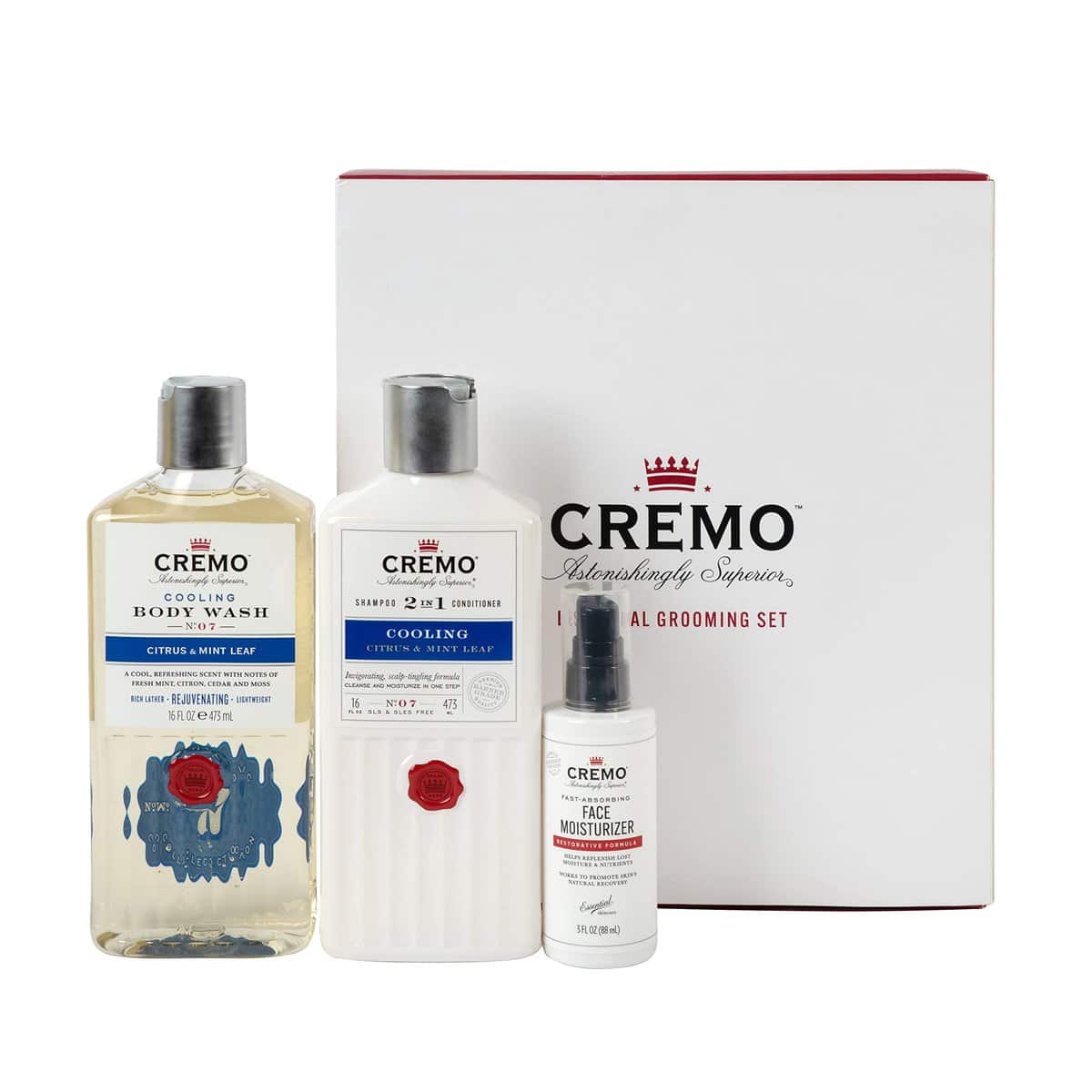 CREMO - Grooming Gift Set Kit For Men | Shower Gel | 2 in 1 Shampoo and Conditioner | Face Moisturiser, clear