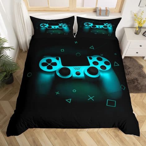 Christmas gamer bedding set for teenagers, featuring a chic abstract gamepad design in black, blue, and teal.