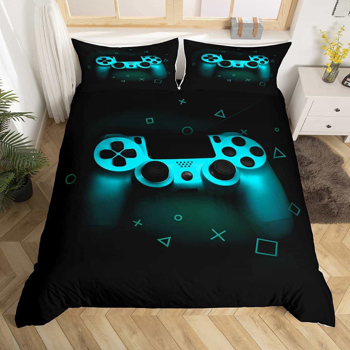 Teen Gaming Bedding Set Xmas Gamer Gift For Boys Comforter Cover Kids Girls Young Man Video Games Duvet Cover Chic Abstract Gamepad Bedapreads Cover Black Blue Teal Soft Microfiber,King Size