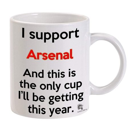 Funny meme football tea cup coffee mug, ideal gift for Arsenal fans at work, machine washable.