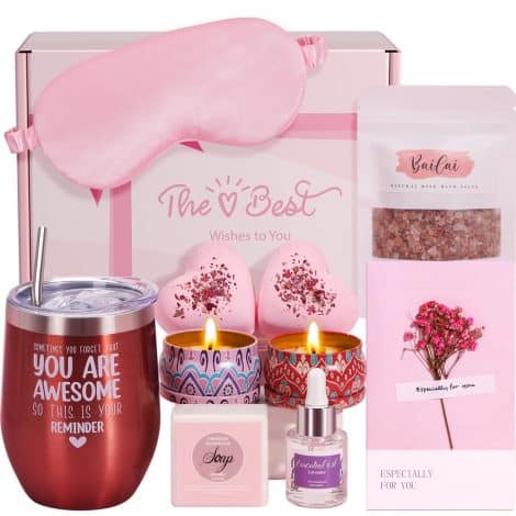 Luxurious presents for ladies on their special day, comprising a soothing bath package filled with lavender-scented indulgences, including wine tumbler.