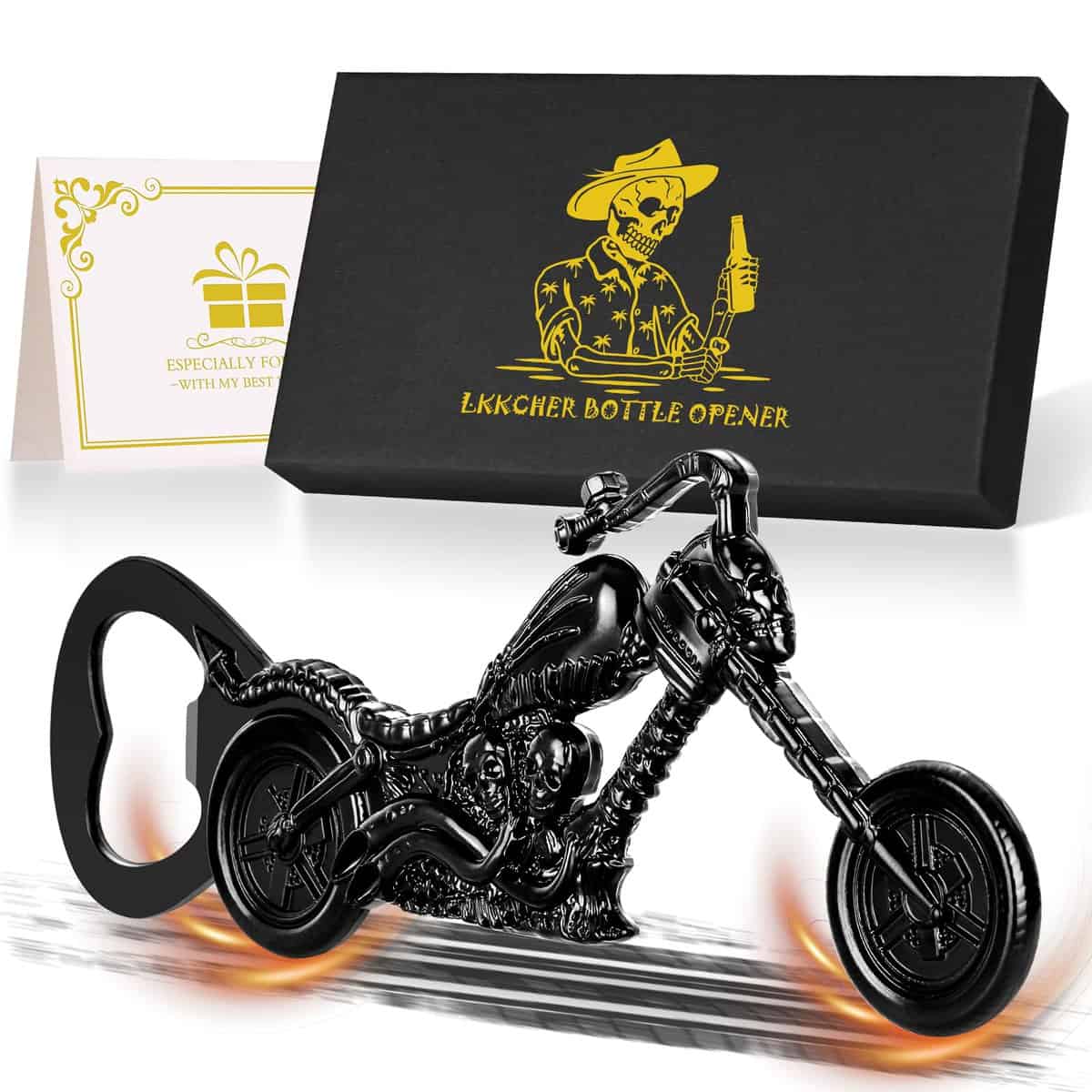 LKKCHER Motorcycle Beer Gifts for Men, Motorbike Bottle Opener, Skull Gifts, Motorbike Gifts for Men Dad Husband Son Him, Gift Ideas for Men with Gift Box, Birthday Gift, Father's Day Gift, Black