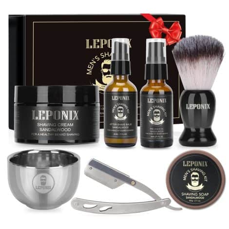 Men’s Shaving Bundle, Post-shave Present for Gents featuring Sandalwood Cream, Aftershave Balm, Pre-shave Oil, Brush, Bowl, and Soap. Perfect for Him, Boyfriend, and Stocking Fillers.