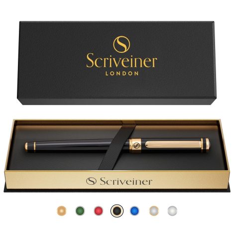 Scriveiner Black Lacquer Rollerball Pen – Elegant, high-end pen featuring a 24K gold finish, Schmidt ink refill, perfect gift for professionals.