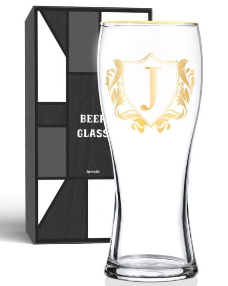 Onebttl Personalised Pint Glass, Custom Booze Presents for Ale Enthusiasts, Special Bday, Xmas Gifts for Uncle, Hubby, Pops, Boyfriend, featuring Initial J.