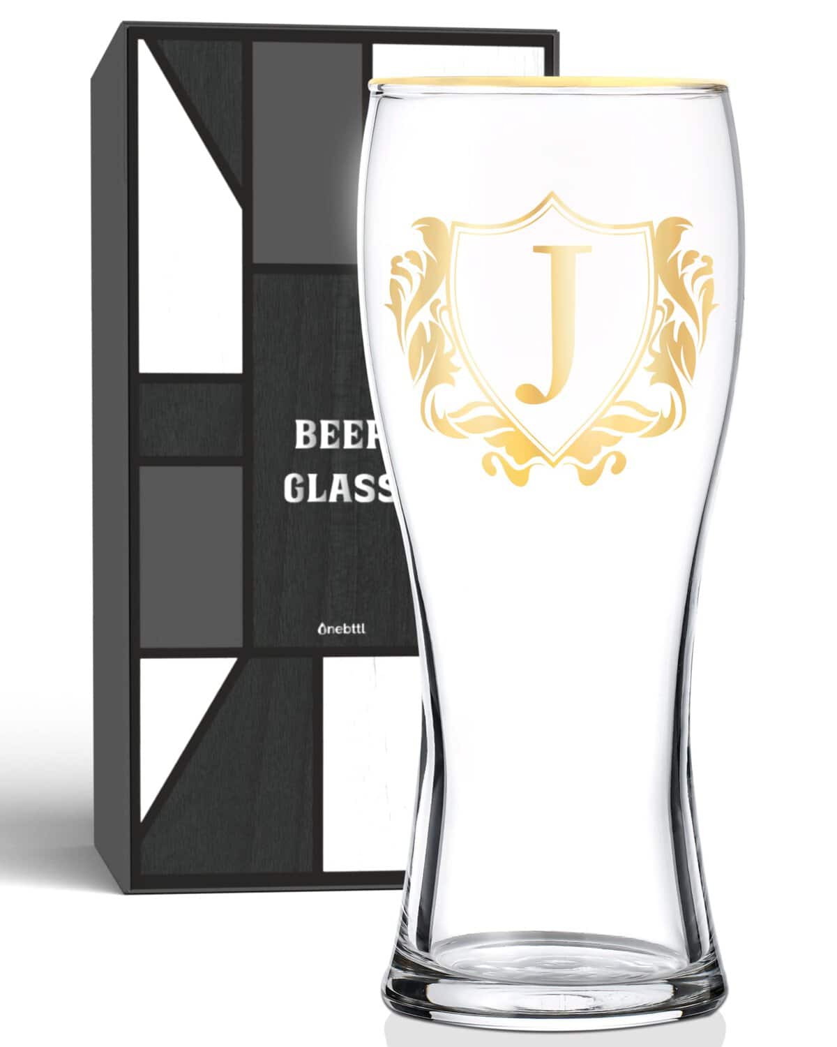 Onebttl Personalised Beer Glass, Custom Alcohol Gifts for Beer Lovers, Unique Birthday, Christmas Gifts for Uncle, Husband, Dad, Boyfriend, with Initial J