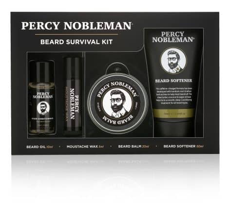 Percy Nobleman’s Beard Survival Pack includes scented beard oil, balm, moustache wax, and a beard conditioner.