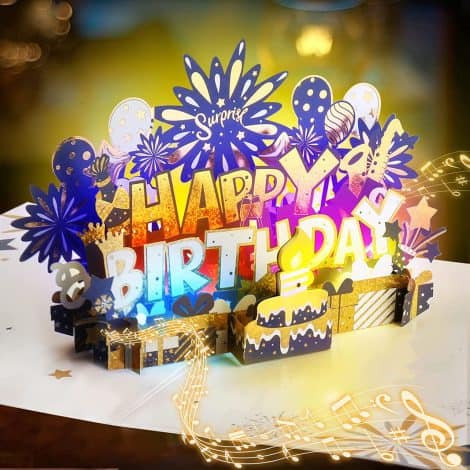 OAKJAR Birthday Card is a large 3D pop-up greeting card with a blowable candle and lights, perfect for birthdays.