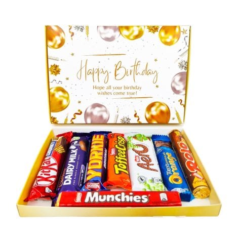 Chocolate Birthday Celebration Box: Assorted Cadbury, Kitkat, Yorkie, and Terry’s Orange bars; Ideal gift for kids, him or her, fits letterbox.