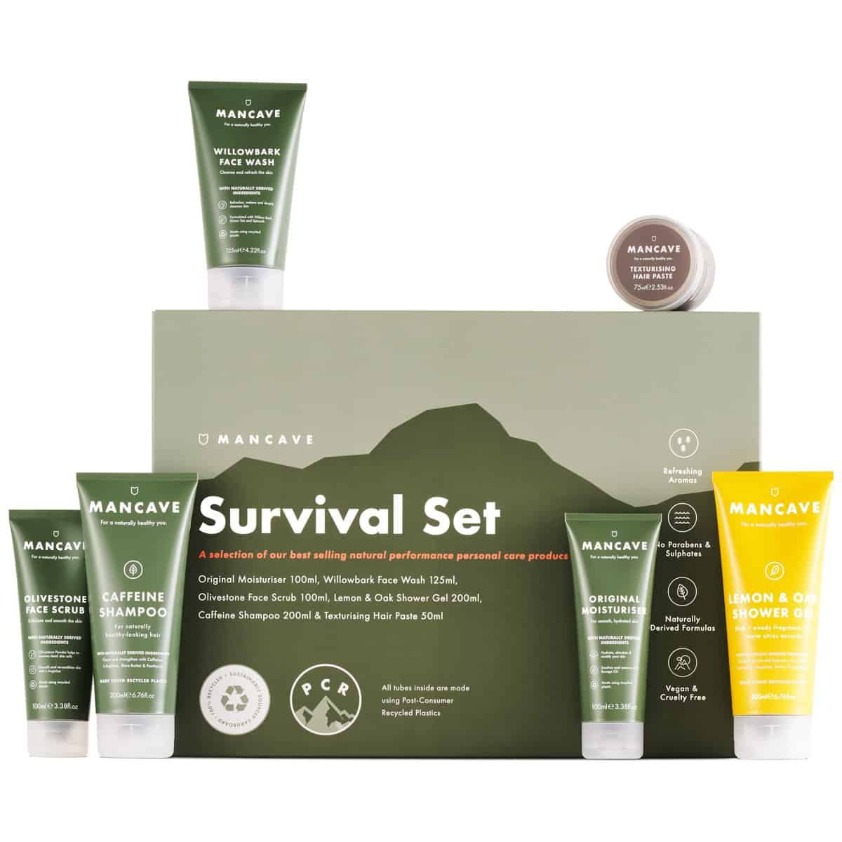 ManCave Survival Gift Set, 6 Natural Grooming Essentials,Shower Gel, Shampoo,Face Wash,Face Scrub and Moisturiser, Natural formulations For Men, Vegan, Plastic-free outer Packaging, Made in England