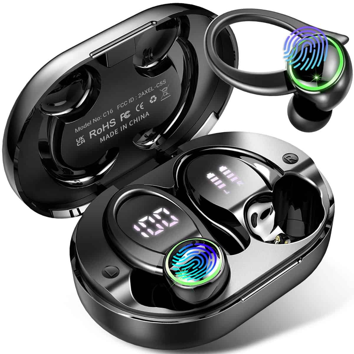 Wireless Earbuds, Wireless Headphones Bluetooth 5.3 Headphones with Mic, 50H Wireless Earphones Stereo Noise Cancelling with LED Display, Bluetooth Earbuds Sport Earhooks IP7 Waterproof for Running