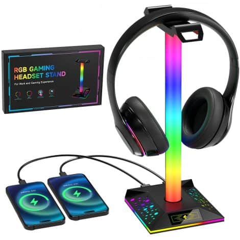 Hcman Headphone Stand Gaming Headset Holder RGB for Desk, LED Headset Stand with 2 USB Charger, Black, ideal for gamers.