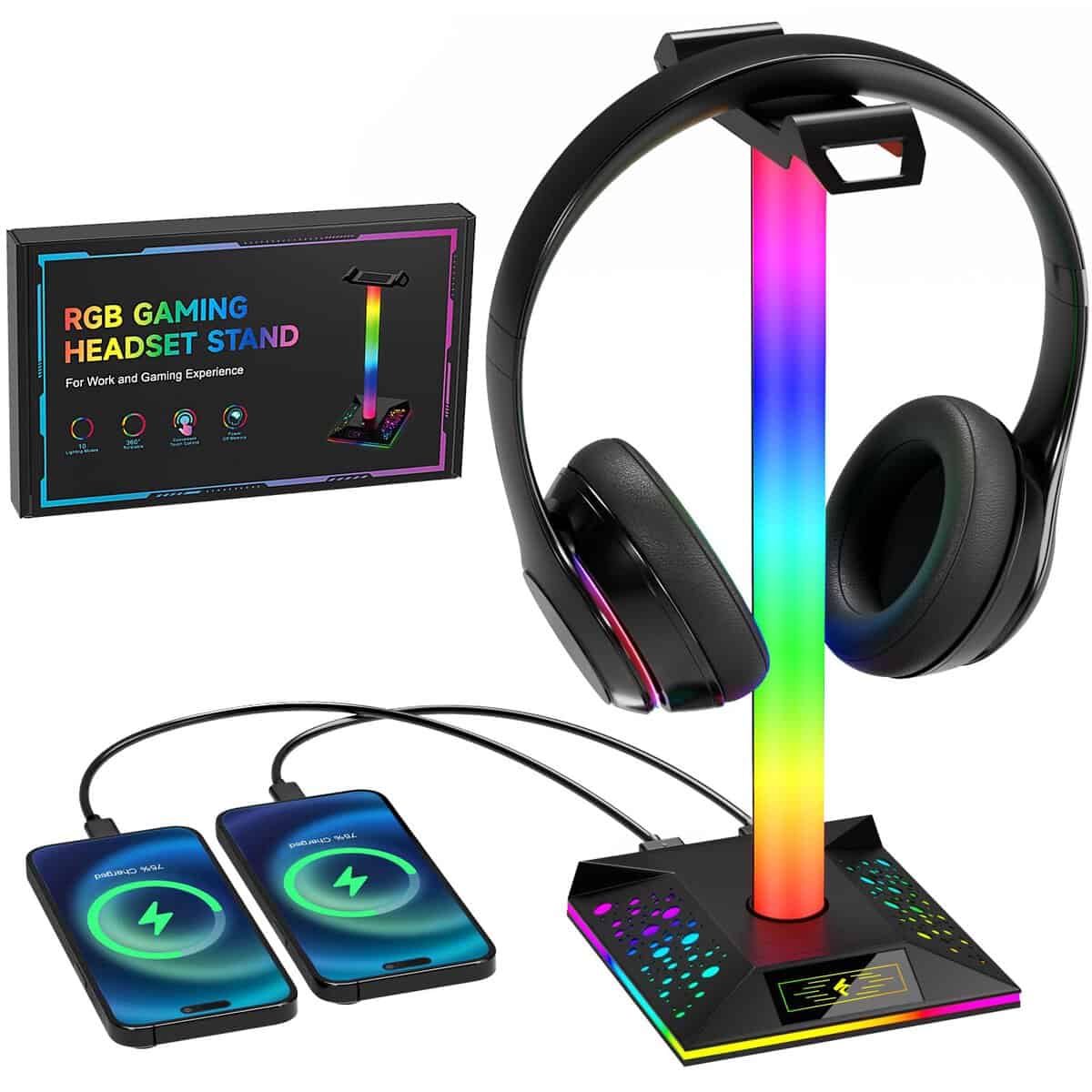 Hcman Headphone Stand Gaming Headset Holder RGB PC Gaming Accessories for Desk, Cool LED Headset Stand with 2 USB Charger for Gamer, Black