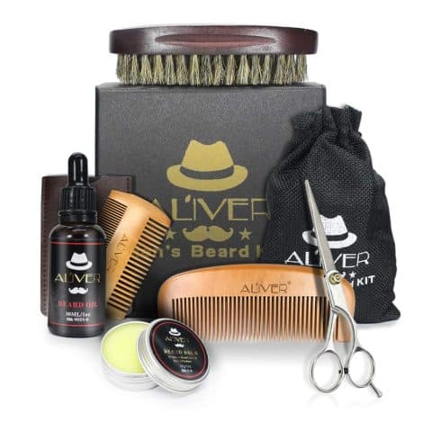 Beard Care Set with Beard Oil, Beard Balm, Wooden Beard Comb, Boar Bristle Brush, Dual Comb, Scissors – 6pc Gift Set for Beard Grooming and Growth.